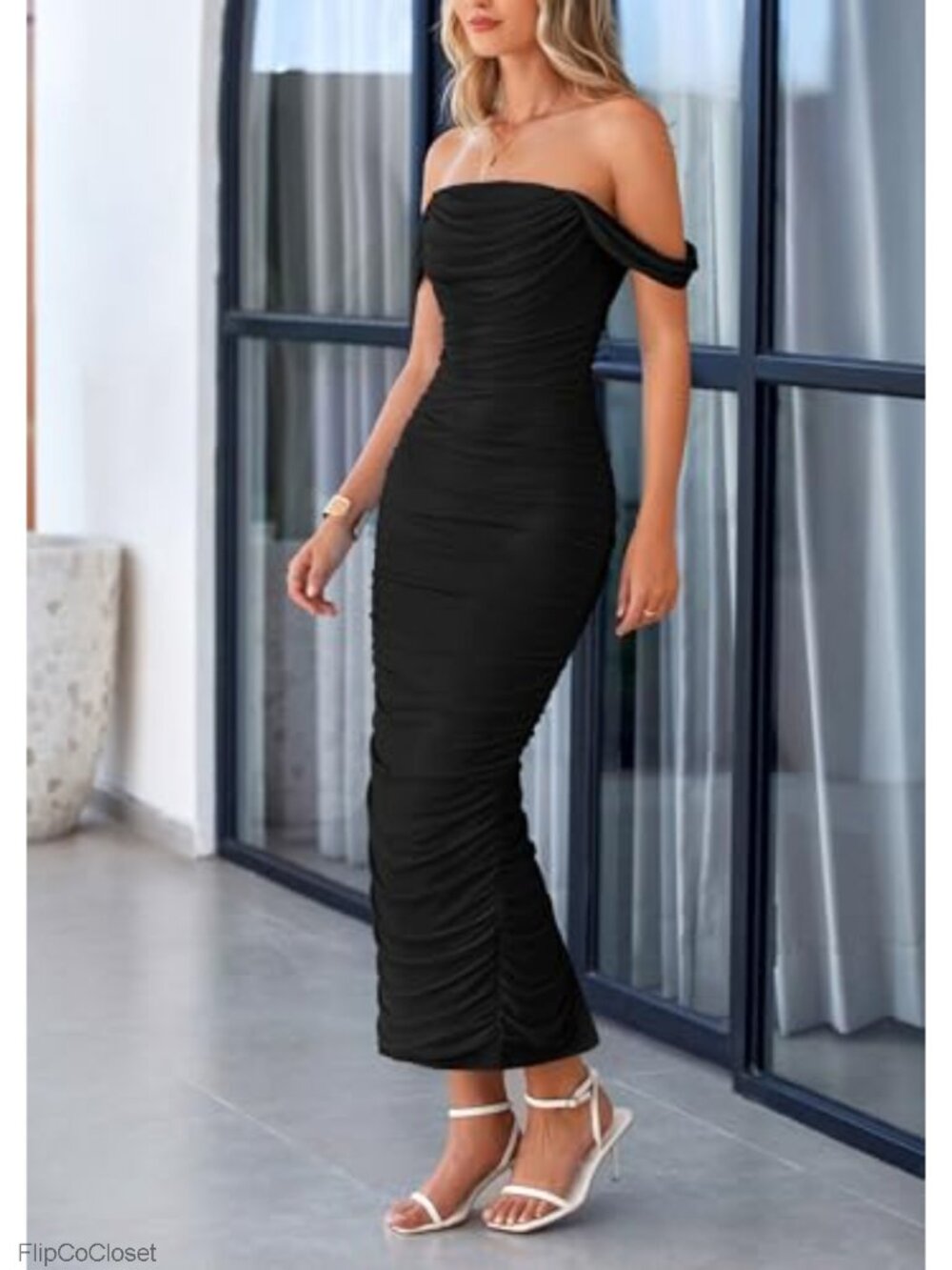 Off Shoulder Ruched Bodycon Maxi Dress Mesh - Picture 5 of 6